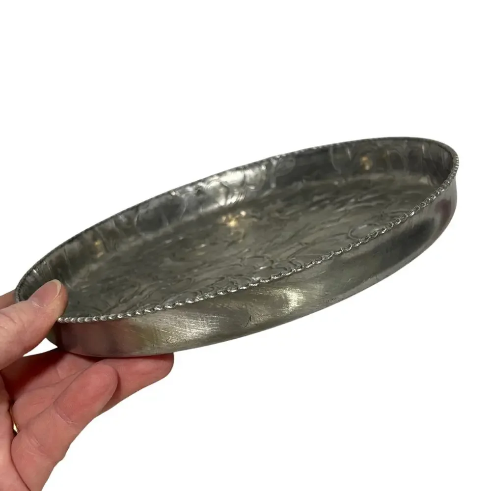 Vintage mid century Wilson hammered aluminum round tray embossed silvertone